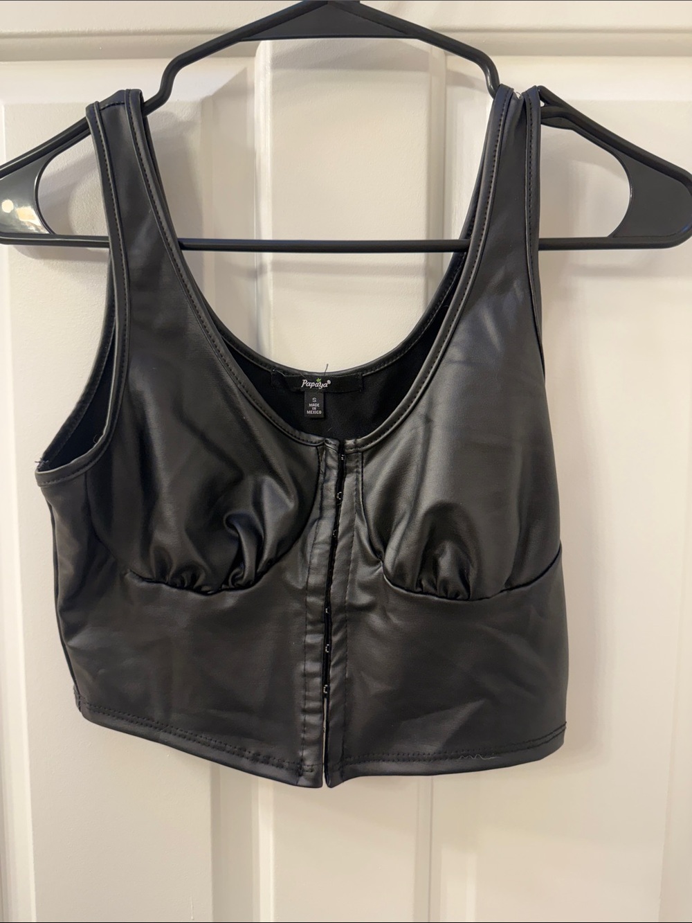 Papaya Black Faux Leather Cropped Tank with Front Hook Closure